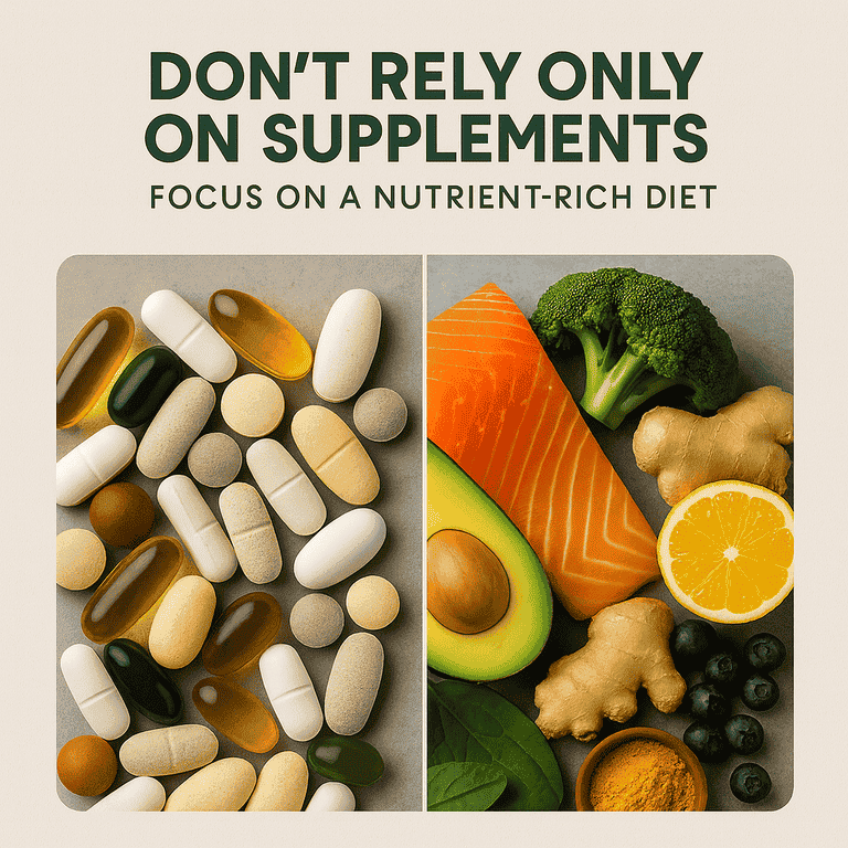 Flat-style illustration showing four icons representing nutrition, gut health, relaxation, and sleep, symbolizing natural wellness principles.